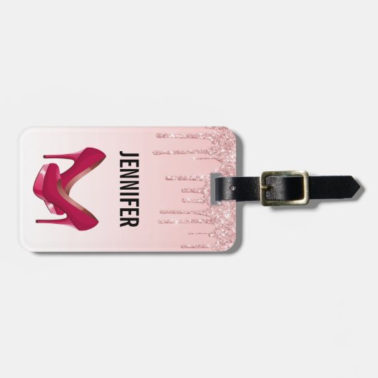 Moderne roze glitterschijven en hoge niveaus bagagelabel (Voorkant horizontaal)