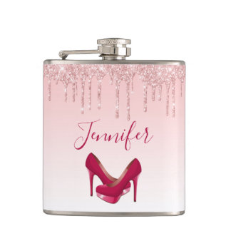 Moderne roze glitterschijven en hoge niveaus heupfles