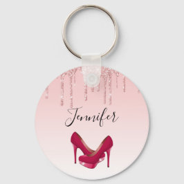 Moderne roze glitterschijven en hoge niveaus sleutelhanger