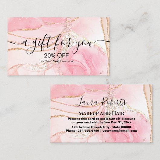 Moderne roze Gold Waterverf Discount Card Kortingskaartje (Voorkant / Achterkant)
