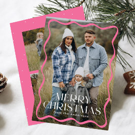 Moderne Roze Golfbre Frame Vrolijk Kerstmis 3 Foto Feestdagenkaart