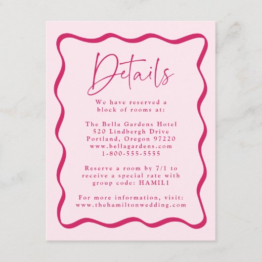Moderne Roze Golvende Lijst bruiloft Details Informatiekaartje (Voorkant)
