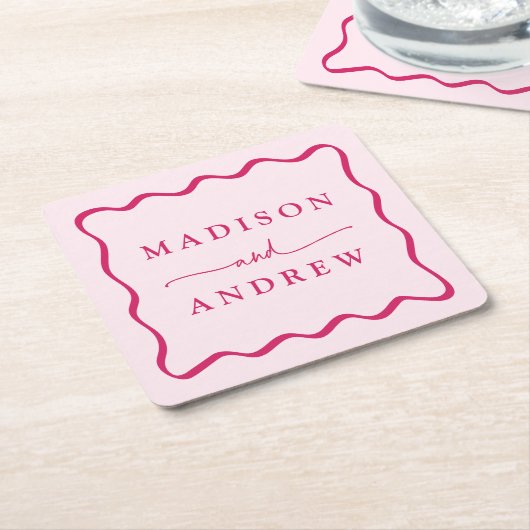 Moderne Roze Golvende Lijst Bruiloft Kartonnen Onderzetters (Schuin)