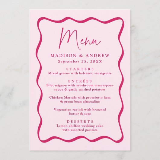 Moderne Roze Golvende Lijst Bruiloft Menu (Voorkant)