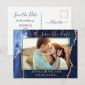 Moderne Roze Goud Blauwe Agaat FOTO Save the Date  Briefkaart (Voorkant / Achterkant)