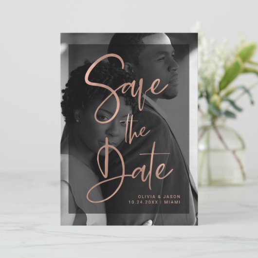 Moderne Roze Goud en Zwarte Overlay | Foto Save The Date (Staand voorkant)