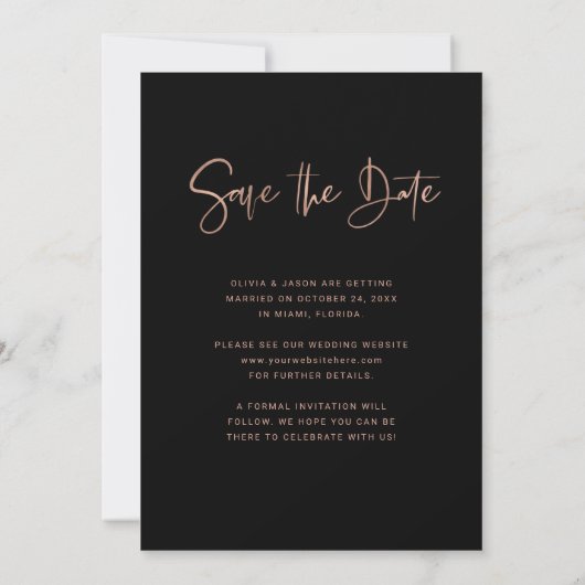Moderne Roze Goud en Zwarte Overlay | Foto Save The Date (Achterkant)