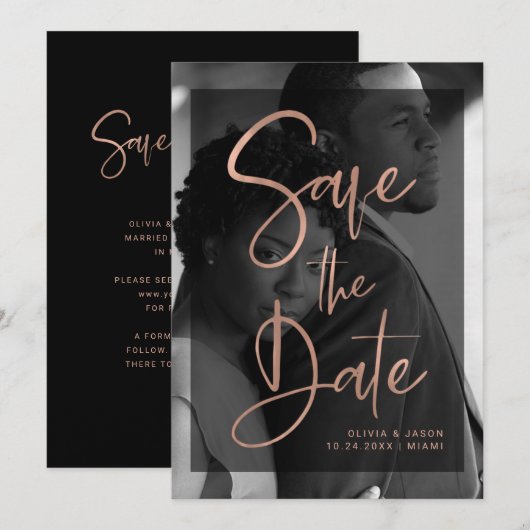 Moderne Roze Goud en Zwarte Overlay | Foto Save The Date (Voorkant / Achterkant)