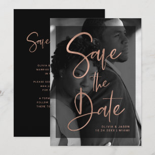 Moderne Roze Goud en Zwarte Overlay   Foto Save The Date