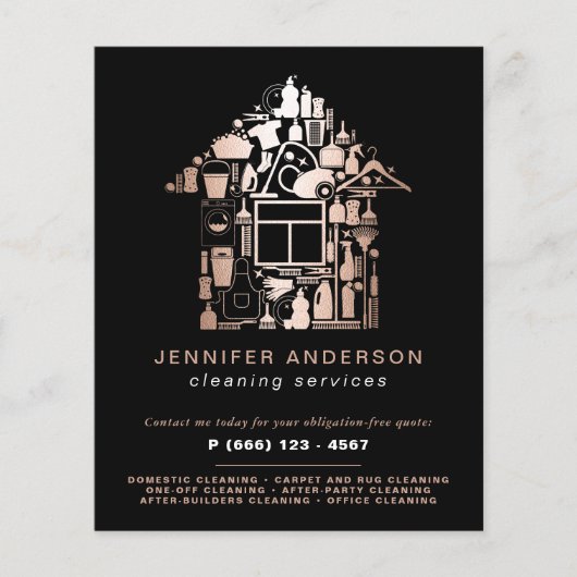 Moderne Roze Goud en Zwarte Schoonmaakdiensten Flyer (Voorkant)