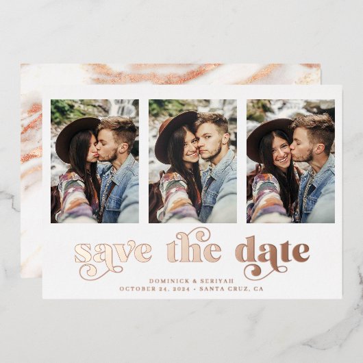 Moderne Roze Goud Folie Marmer Save the Date Uitnodiging (Voorkant / Achterkant)