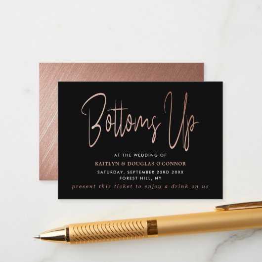 Moderne Roze Goud Folie Script Gratis Drink Ticket Informatiekaartje (Voorkant / Achterkant in situ)