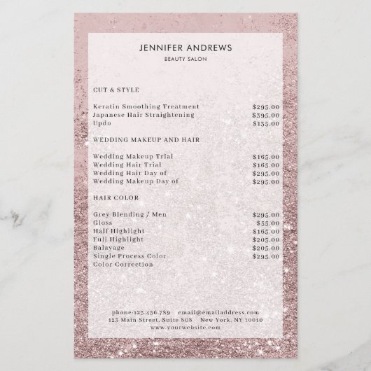 Moderne Roze Goud Glitter Salon Prijslijst Flyer (Voorkant)