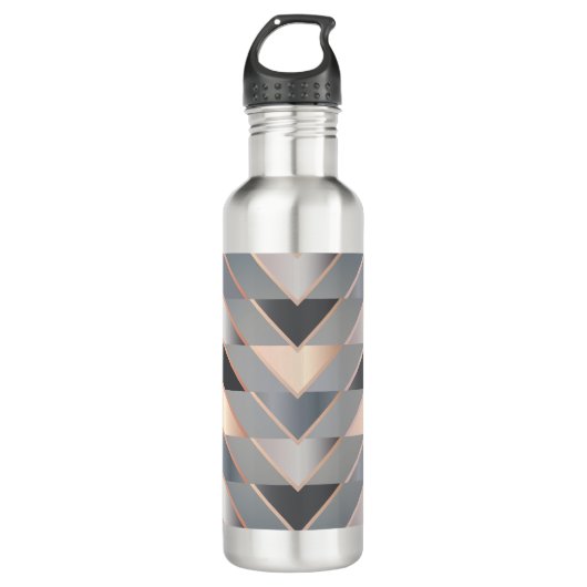 Moderne Roze Goud & Grijs Geometrisch Chevron Waterfles (Voorkant)