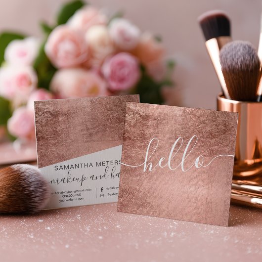 Moderne Roze Goud Hello Script Vierkante Make-up H Visitekaartje