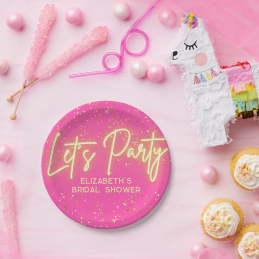 Moderne Roze Goud Neon Lichtgevende Laat Ons Feest Papieren Bordje (Feest)