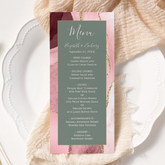 Moderne Roze Goud Sage Groen Agaat Bruiloft Menu