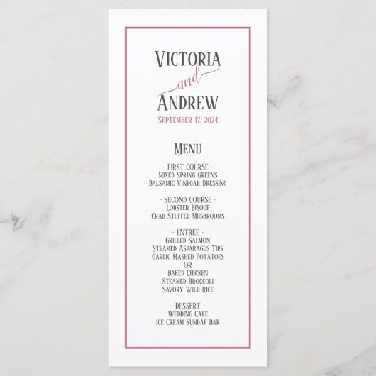 Moderne Roze Goud Schrift Minimaal Huwelijk Menu (Voorkant)