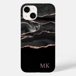 Moderne Roze Goud & Zwarte Marmer Agaat Monogram Case-Mate iPhone 14 Hoesje