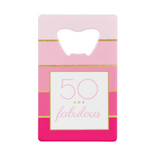Moderne Roze & Gouden 50 en fantastische verjaarda Creditkaart Flessenopener
