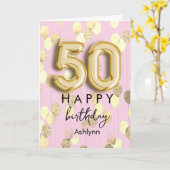 Moderne Roze Gouden 50e Verjaardag Kaart (Gele Bloem)