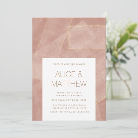 Moderne Roze Gouden Abstracte Trouw Uitnodiging (Staand voorkant)