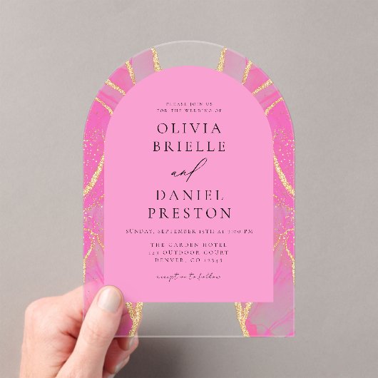 Moderne Roze Gouden Agaat Huwelijk Elegant Acryl Uitnodigingen (Insitu (Draagbaar))