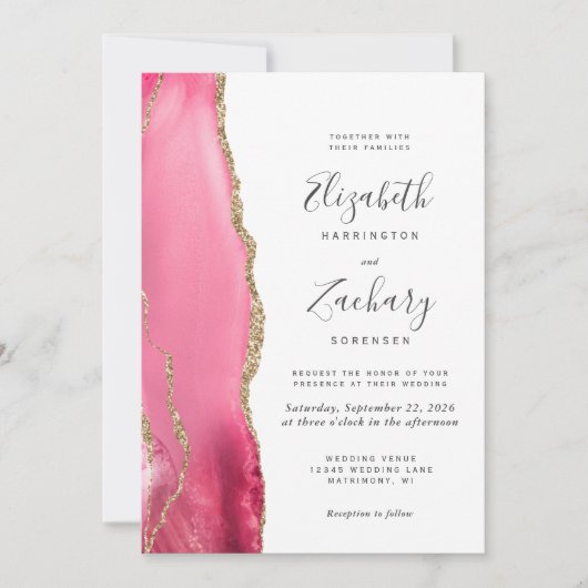 Moderne Roze Gouden Agaat QR Code Huwelijksuitnodi Kaart (Voorkant)