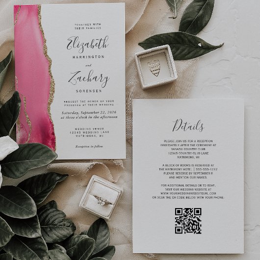 Moderne roze gouden agaat QR-code trouwuitnodiging Kaart