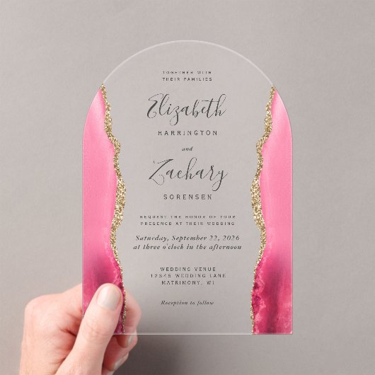 Moderne Roze Gouden Agaat Trouwboog Acryl Uitnodigingen (Insitu (Draagbaar))
