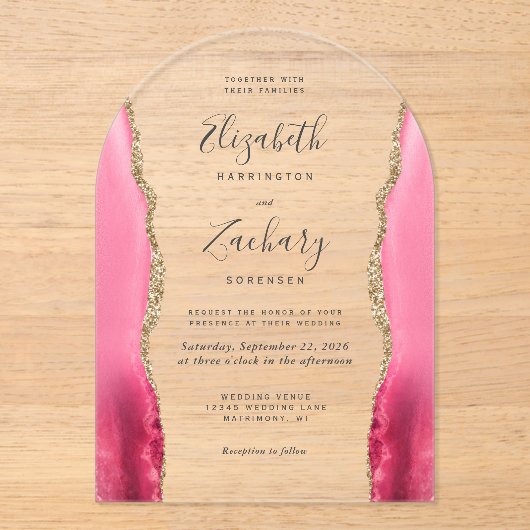 Moderne Roze Gouden Agaat Trouwboog Acryl Uitnodigingen (Voorkant)