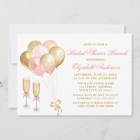 Moderne Roze Gouden Ballonnen Bruidsfeest Brunch Kaart (Voorkant)