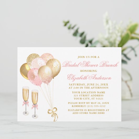 Moderne Roze Gouden Ballonnen Bruidsfeest Brunch Kaart (Staand voorkant)