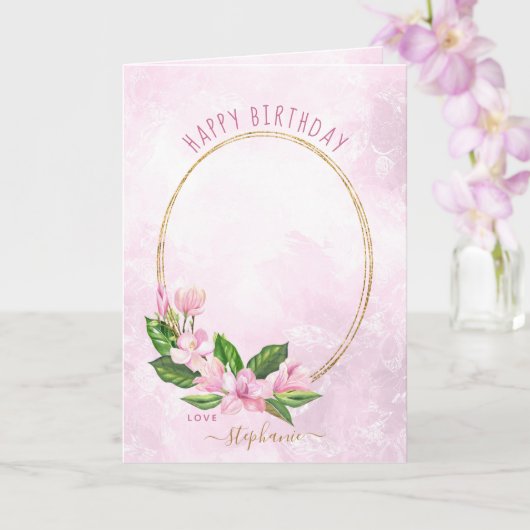 Moderne roze gouden bloemen grote foto geboortedag kaart (Orchidee)
