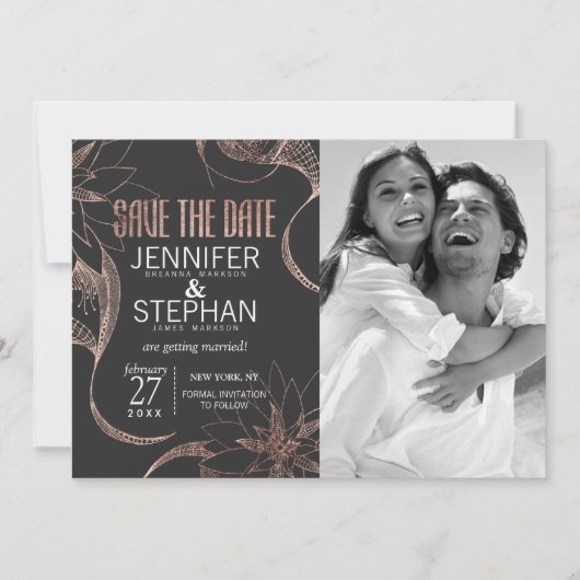 Moderne Roze Gouden Bloemtekeningen Save the Dates Date (Voorkant)