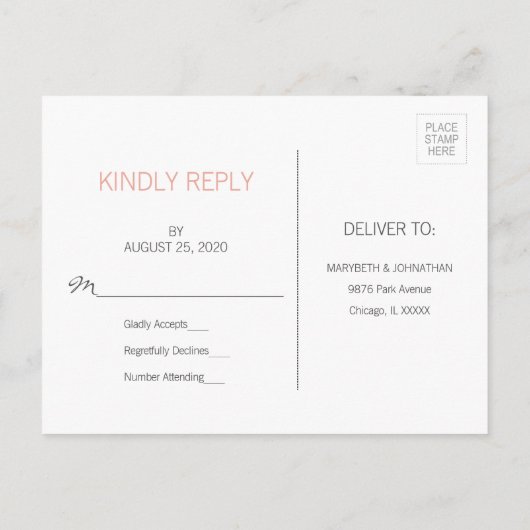 Moderne Roze Gouden Bruiloft RSVP Postkaart Uitnodiging Briefkaart (Achterkant)