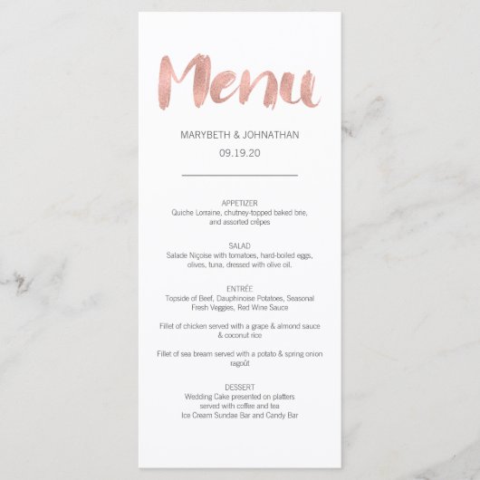 Moderne Roze Gouden Bruilofts Menu Card (Voorkant)