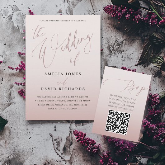 Moderne Roze Gouden Calligrafie Bruiloft Kaart