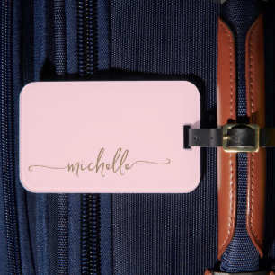 Moderne Roze Gouden Calligrafie Script Monogram Na Bagagelabel
