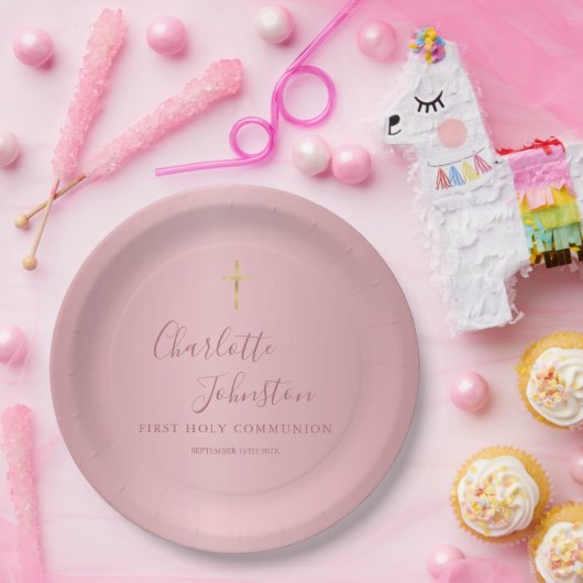 Moderne Roze Gouden Eerste Heilige Communie Papieren Bordje (Feest)