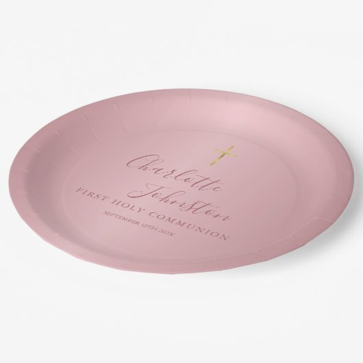 Moderne Roze Gouden Eerste Heilige Communie Papieren Bordje (Gekanteld)