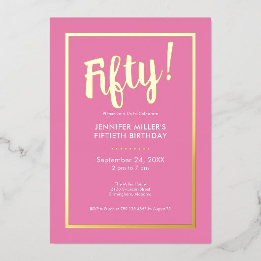 Moderne Roze & Gouden Folie 50ste Verjaardag Folie Uitnodiging (Voorkant)