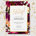 Moderne Roze & Gouden Folie Bloemen 40e Verjaardag Folie Uitnodiging<br><div class="desc">Vier in stijl met onze moderne en elegante uitnodiging. Een levendige bloemenachtergrond wordt geaccentueerd met een oogverblindende echte gouden folie en roze "Forty!"-kop en een luxe gouden folie-lijst dat uw chique feestdetails omringt in een witte tekstbox. Eenvoudig,  verfijnd en perfect voor de mijlpaal verjaardag. Creëer door Simply Farmhouse Press.</div>