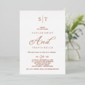 Moderne roze gouden folie script monogram bruiloft uitnodiging (Staand Voorkant)