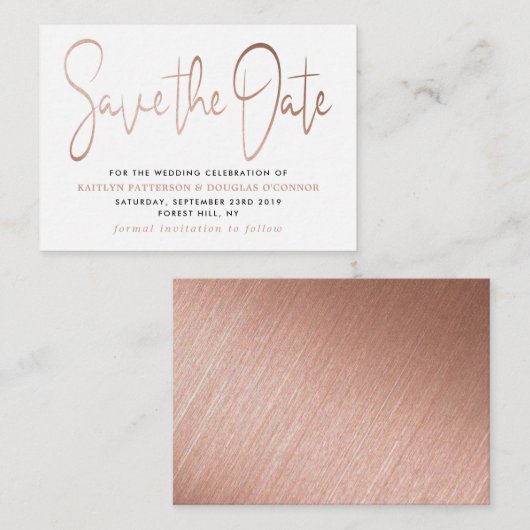 Moderne Roze Gouden Folie Script Save The Date Informatiekaartje (Voorkant / Achterkant)