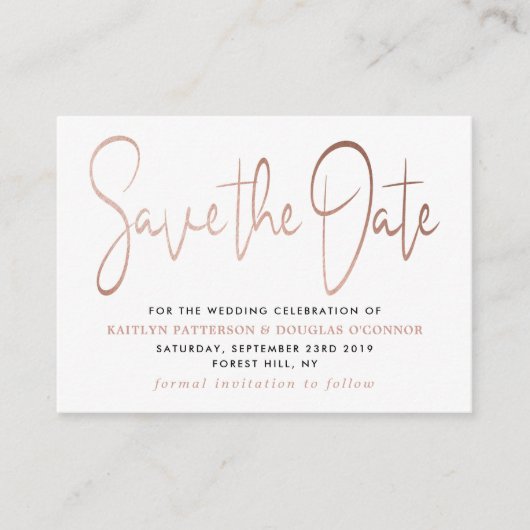 Moderne Roze Gouden Folie Script Save The Date Informatiekaartje (Voorkant)