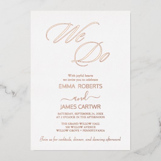 Moderne Roze Gouden Folie Script "We Do" Trouwkaar Uitnodiging (Voorkant)