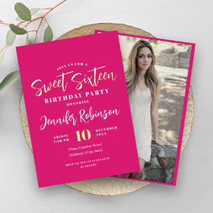 Moderne Roze Gouden Foto Sweet 16 Zestien Folie Uitnodiging