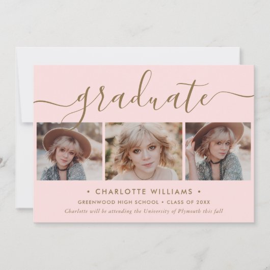 Moderne roze gouden fotocollage afstuderen aankondiging (Voorkant)
