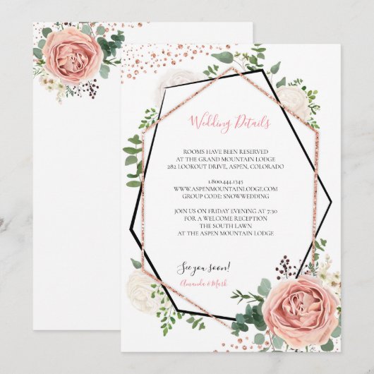 Moderne Roze Gouden Geometrische Trouwkaart Binnen Kaart (Voorkant / Achterkant)